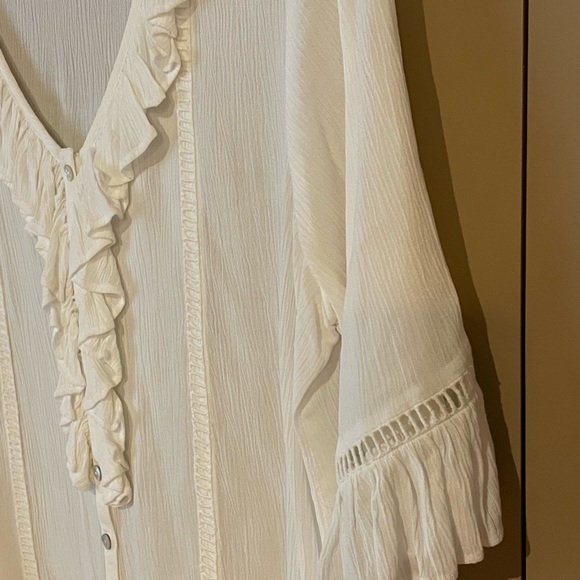 White, V neck, 3/4 sleeves, button up with ruffle details, sz M, oversized fit - Picture 2 of 3